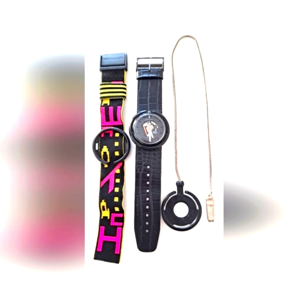 Vintage 1989 Skeleton Retro Pop Swatch Watch on black, pink&yellow Strap…